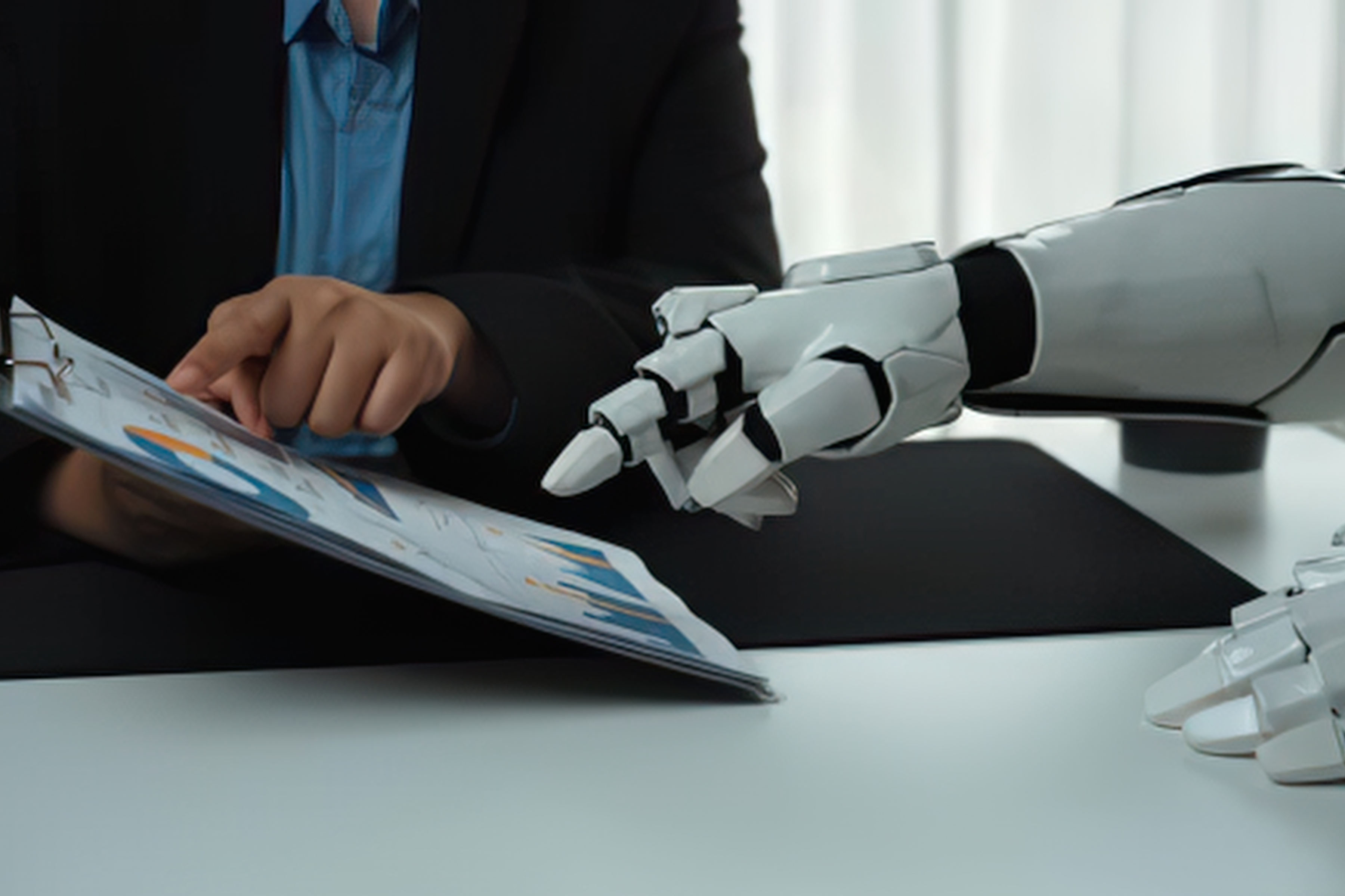 AI in Quality Management - Robot hand pointing to a document
